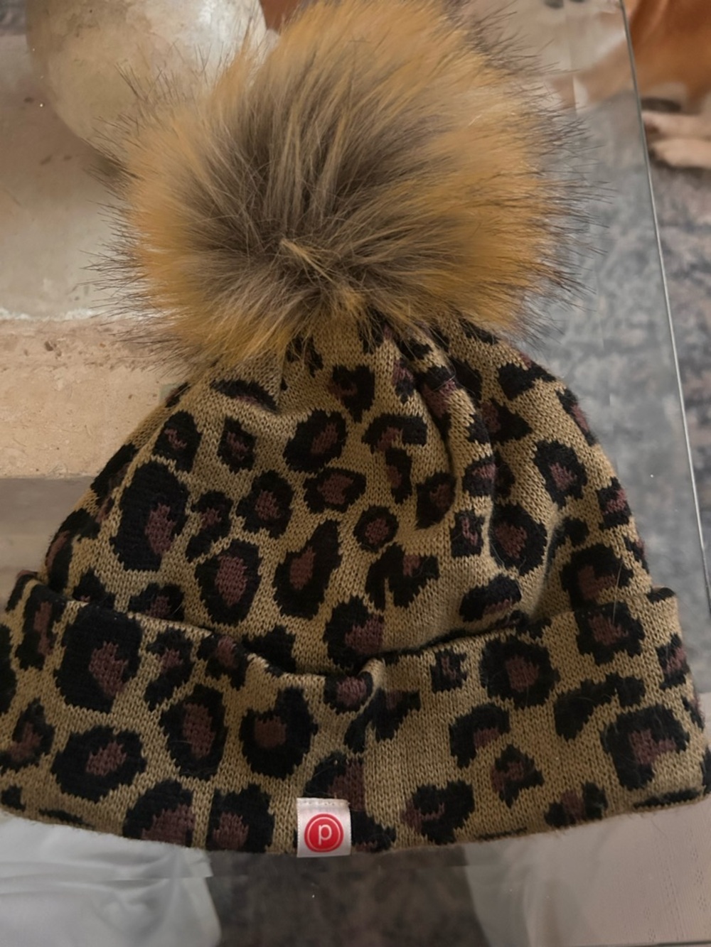 Leopard Knit Pom Beanie with pure barre logo